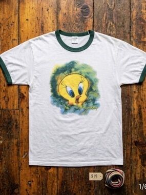 Tweety T2K ringer shirtGraphic and Dark Green Trim
